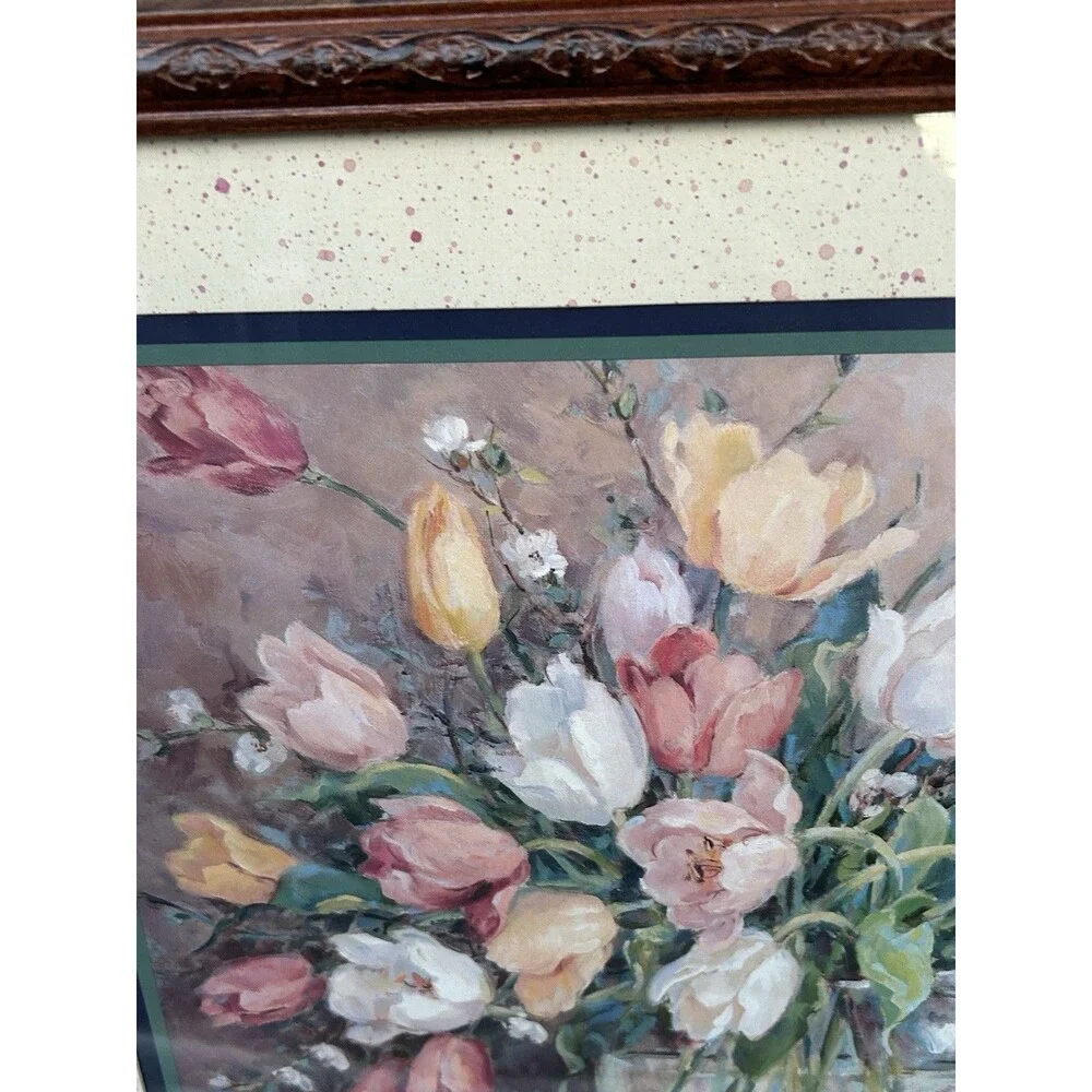 Barbara Mock Wall Art Floral Vase Tulips 22x18 Mixed Media Crewel Cottage Decor - Picture 5 of 14